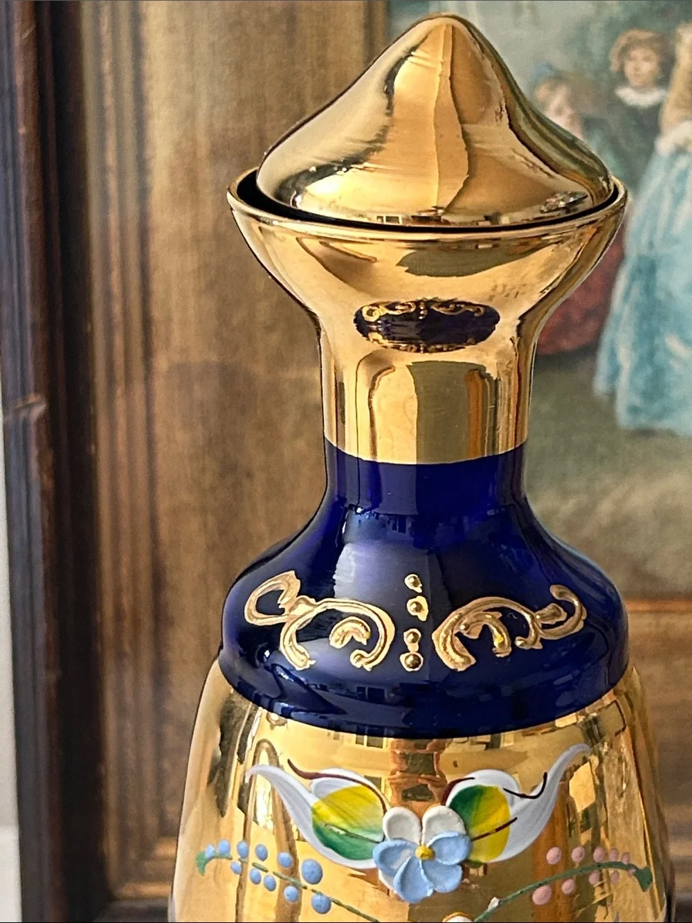 Cobalt Blue and  24 k Gold inlay  Glass pitcher with Hand-Painted Floral Motif